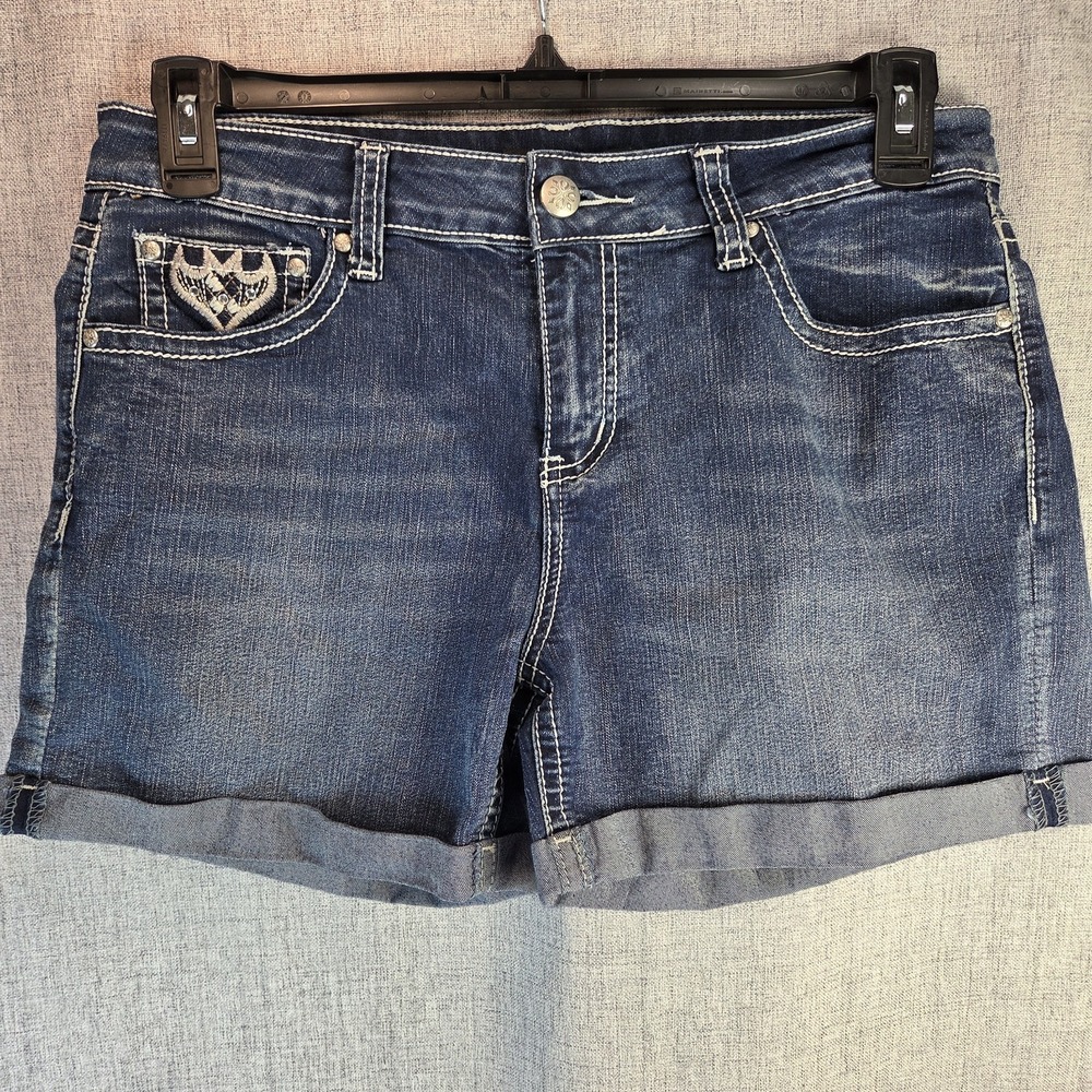 Love Indigo Y2K Blue Jean Denim‎ Short Shorts Womens 12 Rhinestones Cuffed Hem